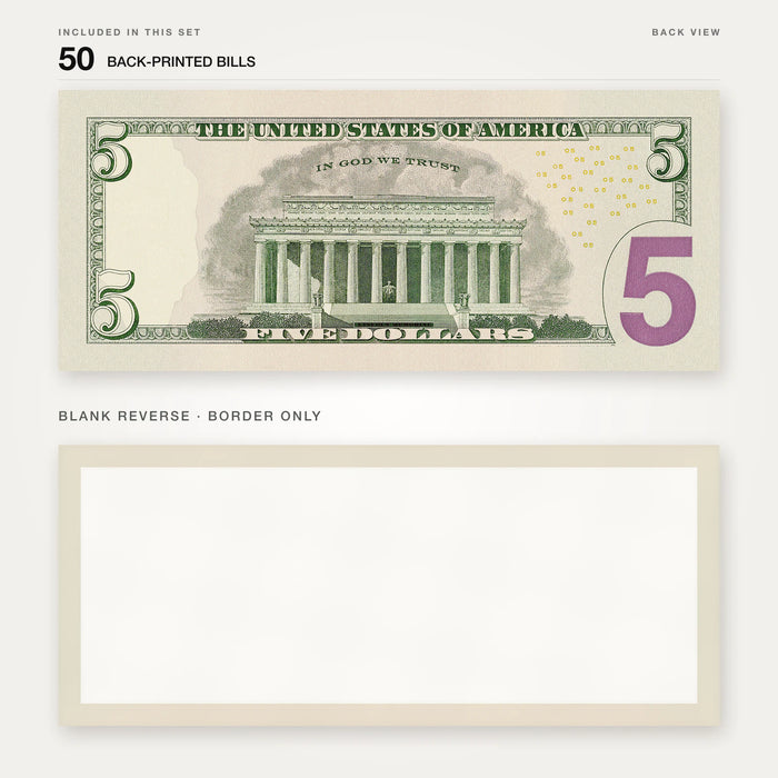 $5 New Series Close-Up prop bill: back-printed bill above its blank bordered reverse.