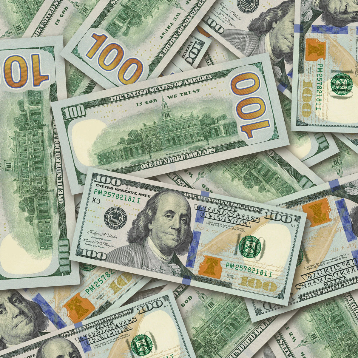 $100 New Series Close-Up prop bills with printed fronts and backs scattered randomly; one complete front and back centered.
