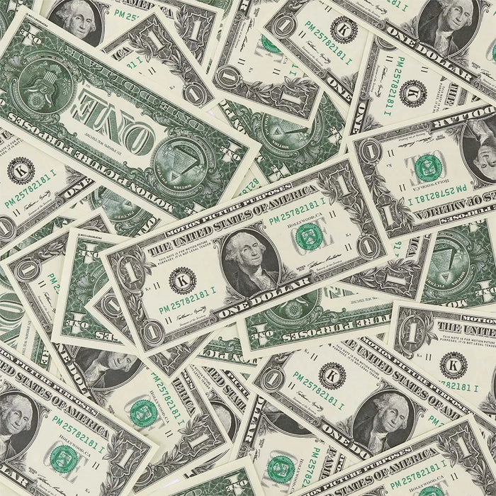 Actual Full Print $1 prop bills scattered together with a front-facing bill showing George Washington and motion picture markings