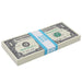 Front view of an actual $1 Full Print prop money stack containing 100 bills, wrapped in a cyan $100 band