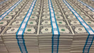 Rows of actual $1 Full Print prop money stacks wrapped in cyan $100 bands