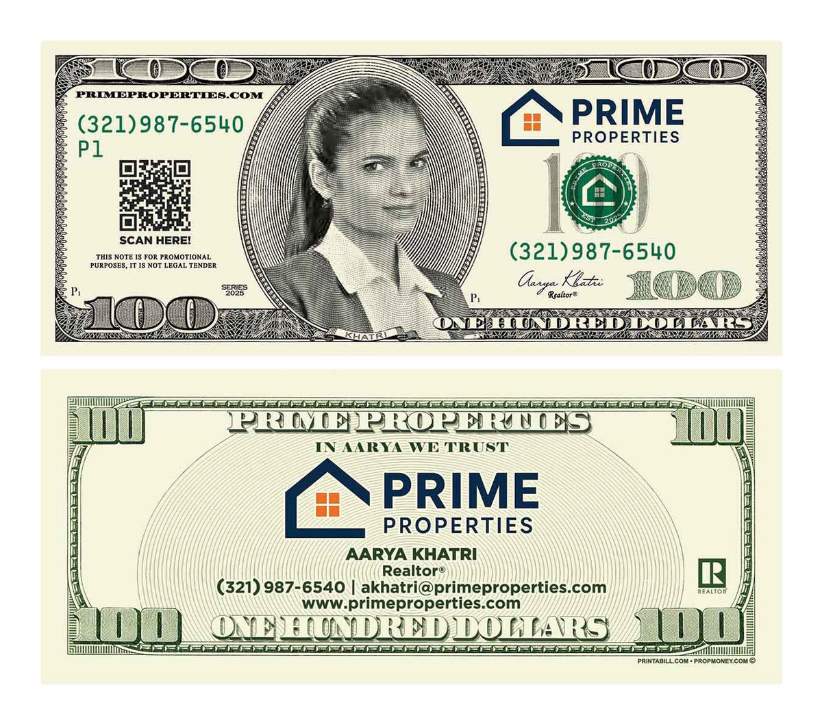 Example custom business bill named Prime Properties. Example only; you receive a custom design, not this artwork unchanged.