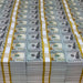 Rows of Full Print $100 prop money stacks wrapped with yellow $10,000 bands