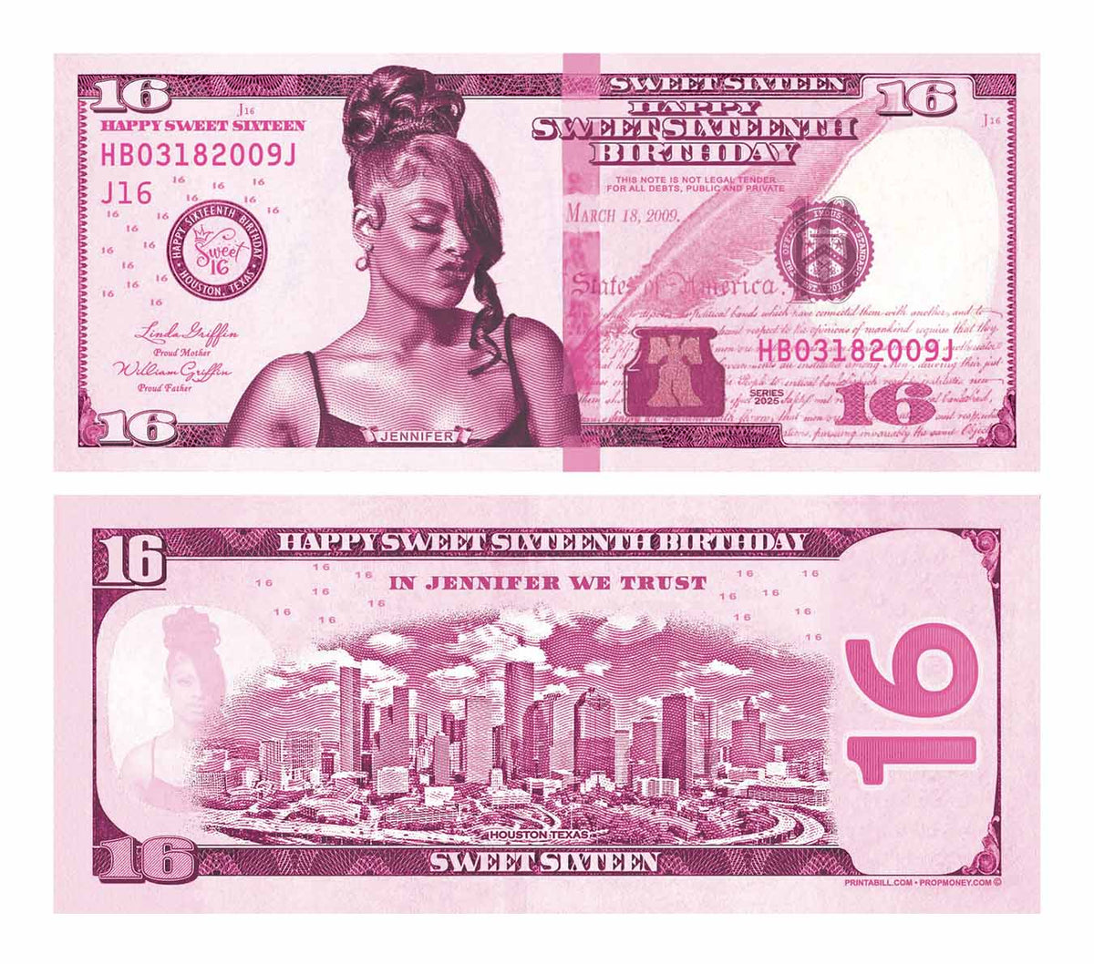 Example custom birthday bill named Sweet Sixteen. Example only; you receive a custom design, not this artwork unchanged.