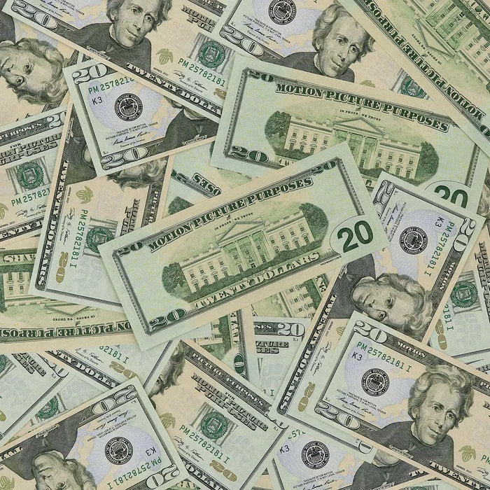 Actual Full Print $20 prop bills scattered together with a reverse-facing bill showing the White House and motion picture markings