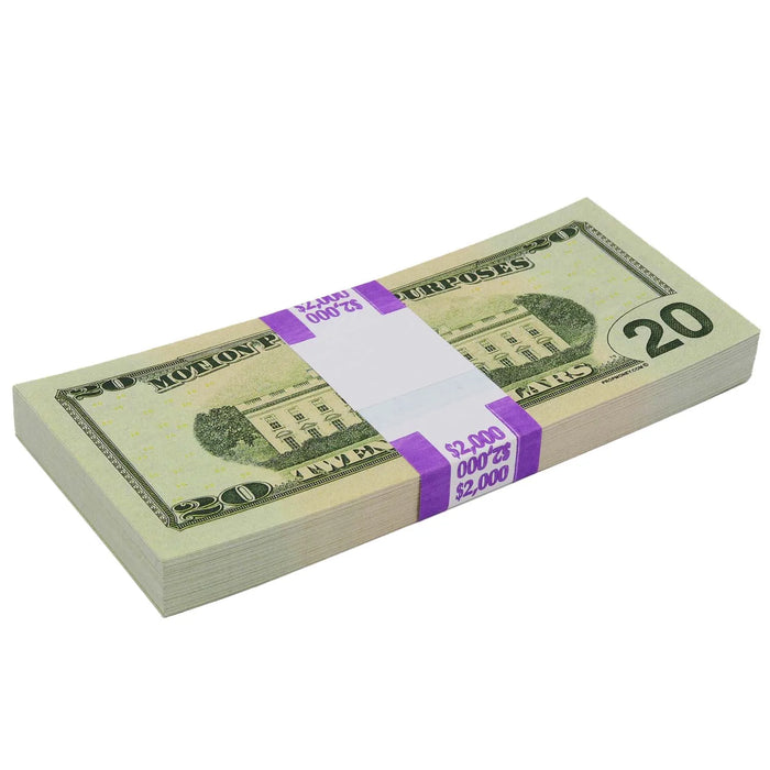Back of an actual Full Print $20 prop money stack showing the White House and a purple $2,000 band