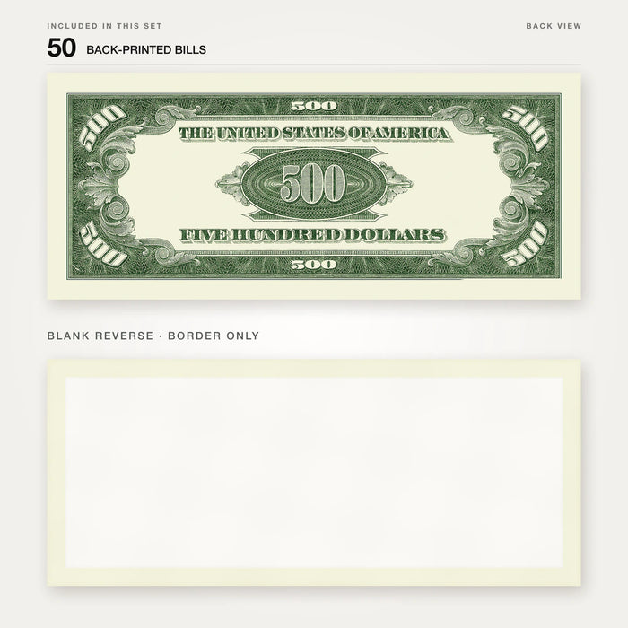 $500 Vintage Close-Up prop bill: back-printed bill above its blank bordered reverse.