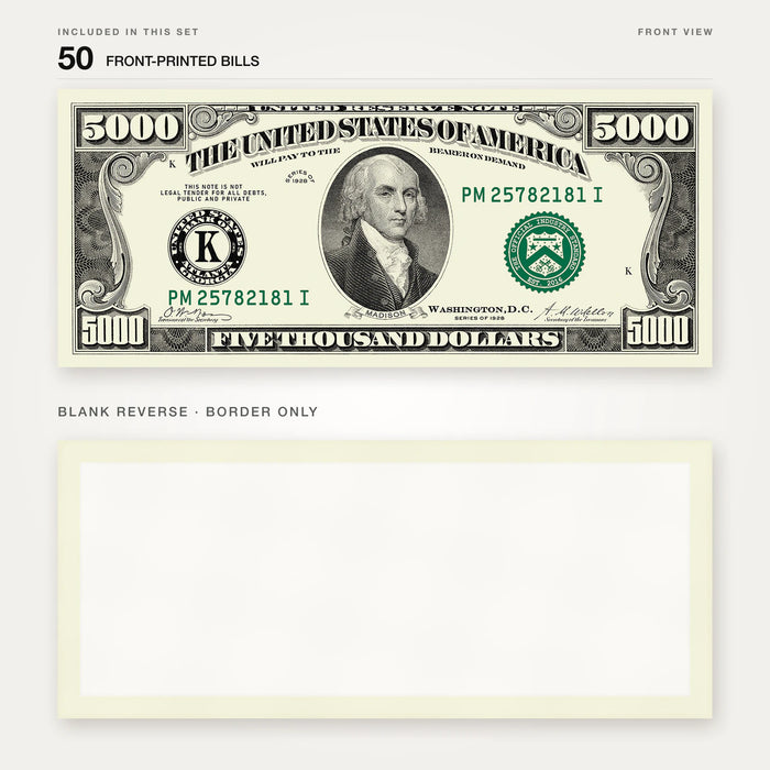$5,000 Vintage Close-Up prop bill: front-printed bill above its blank bordered reverse.