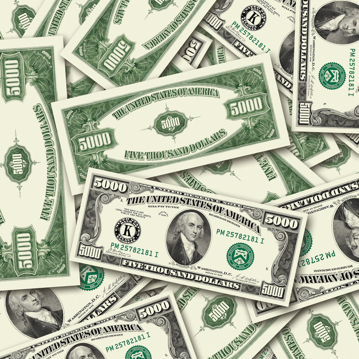 $5,000 Vintage Close-Up prop bills with printed fronts and backs scattered randomly; one complete front and back centered.