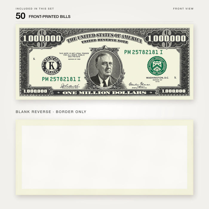 $1,000,000 Vintage Close-Up prop bill: front-printed bill above its blank bordered reverse.