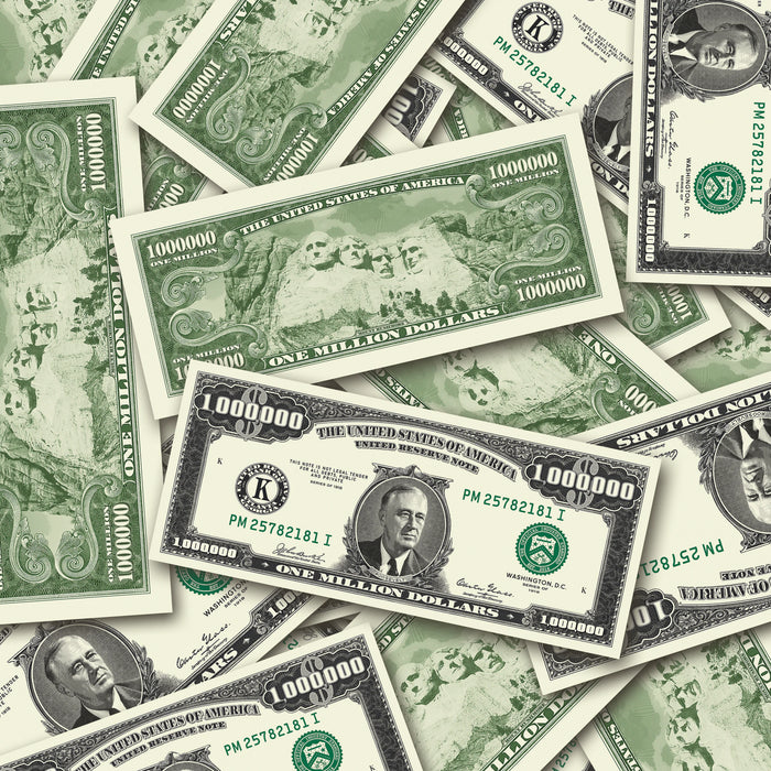 $1,000,000 Vintage Close-Up prop bills with printed fronts and backs scattered randomly; one complete front and back centered.
