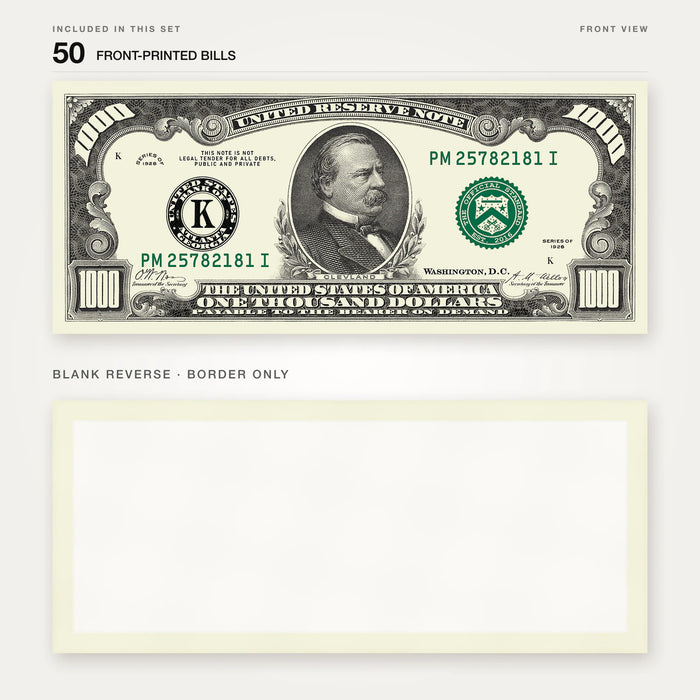 $1,000 Vintage Close-Up prop bill: front-printed bill above its blank bordered reverse.