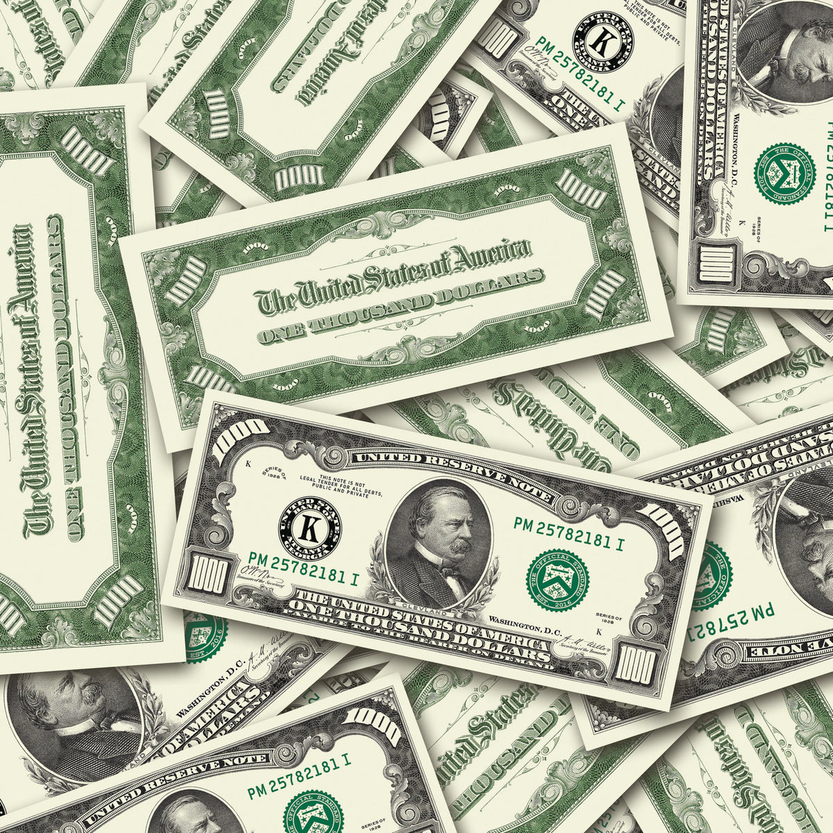 $1,000 Vintage Close-Up prop bills with printed fronts and backs scattered randomly; one complete front and back centered.