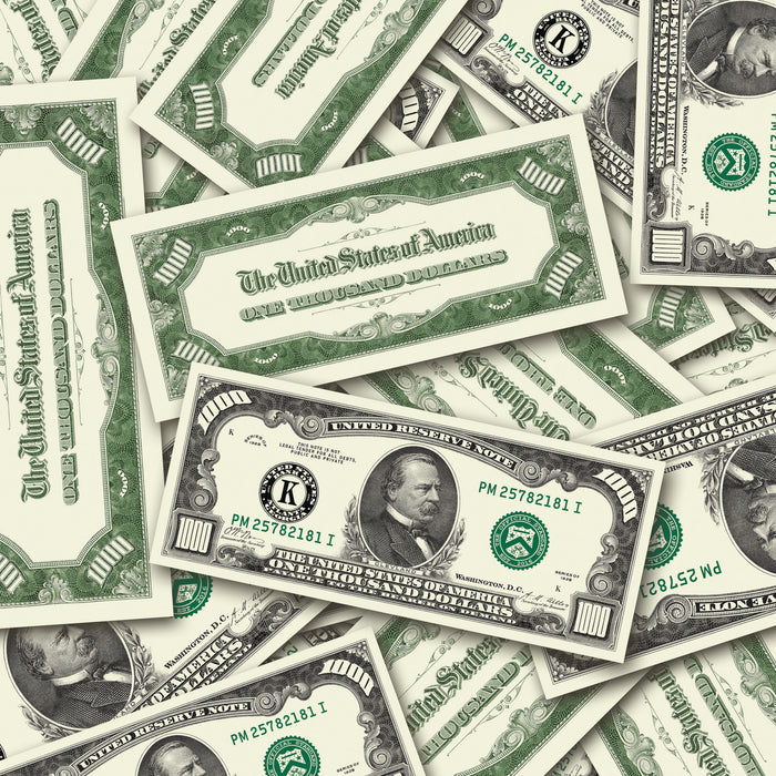 $1,000 Vintage Close-Up prop bills with printed fronts and backs scattered randomly; one complete front and back centered.