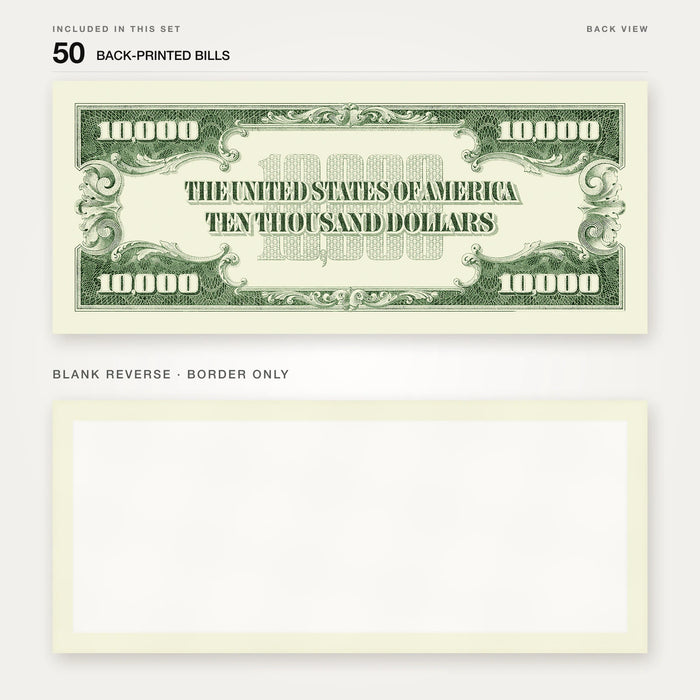 $10,000 Vintage Close-Up prop bill: back-printed bill above its blank bordered reverse.