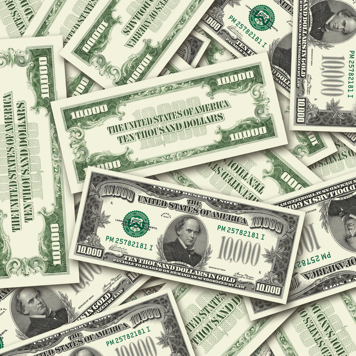 $10,000 Vintage Close-Up prop bills with printed fronts and backs scattered randomly; one complete front and back centered.