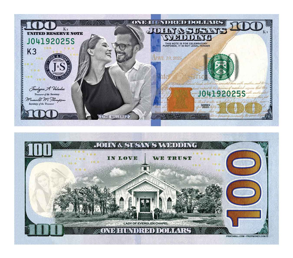 Example custom wedding bill named John & Susan’s Wedding. Example only; you receive a custom design, not this artwork unchanged.
