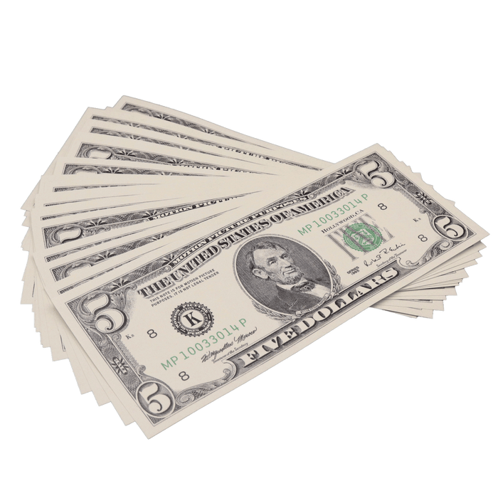 25x $5 Bills - $125 - 1990s Series Full Print Prop Money - PropMoney.com