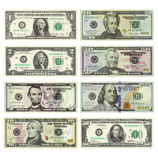 Board game play money set with multiple denominations and realistic designs
