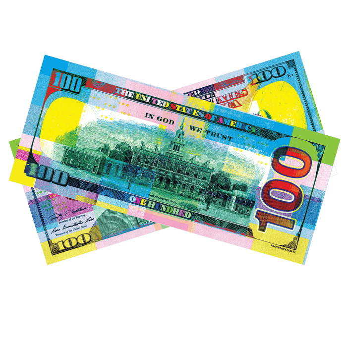 Stack of chroma colored novelty bills for displays photography and events