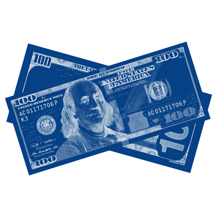 Los Angeles blue prop money bills with vibrant full-print design
